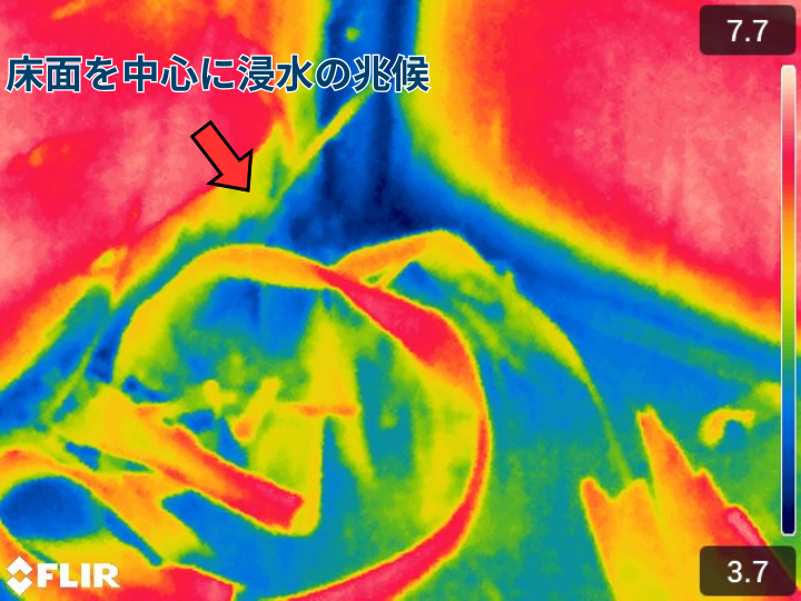 床面を中心に浸水の兆候が確認できる