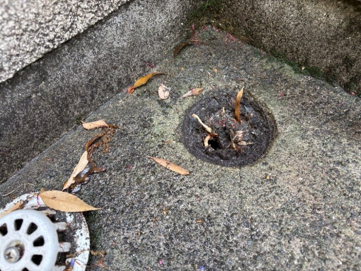 ゴミや落ち葉で汚れて詰まっているバルコニーの排水口