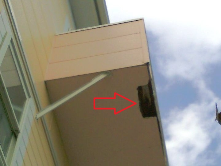 3階ベランダの先端の裏側の一部だけが剥がれて穴が開いている状態